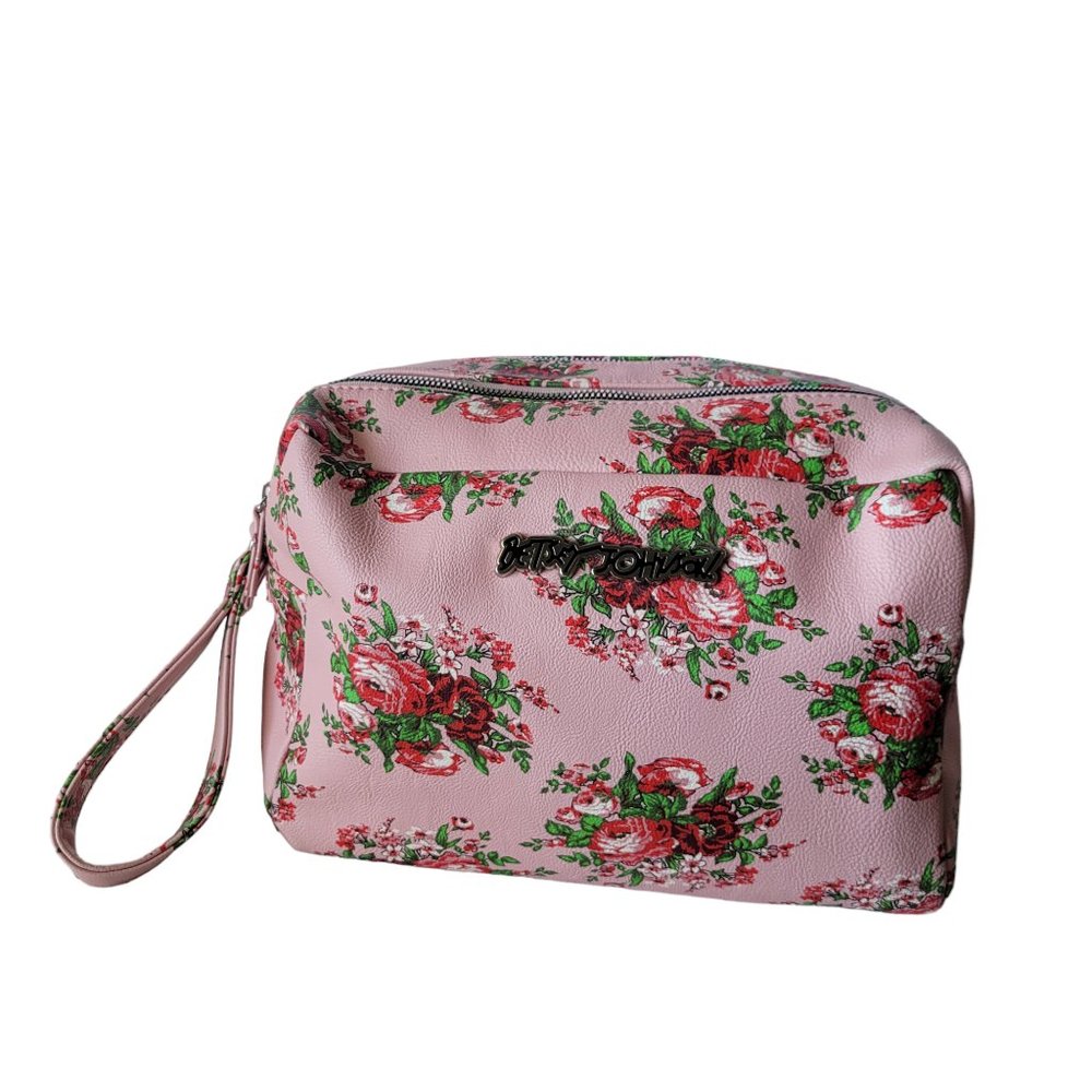 Betsey Johnson Large Double Zip Make Up Cosmetic Bag Pink Floral Red Roses - Picture 1 of 12